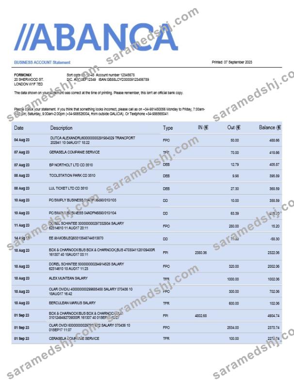 Abanca Bank firm account statement Word and PDF template